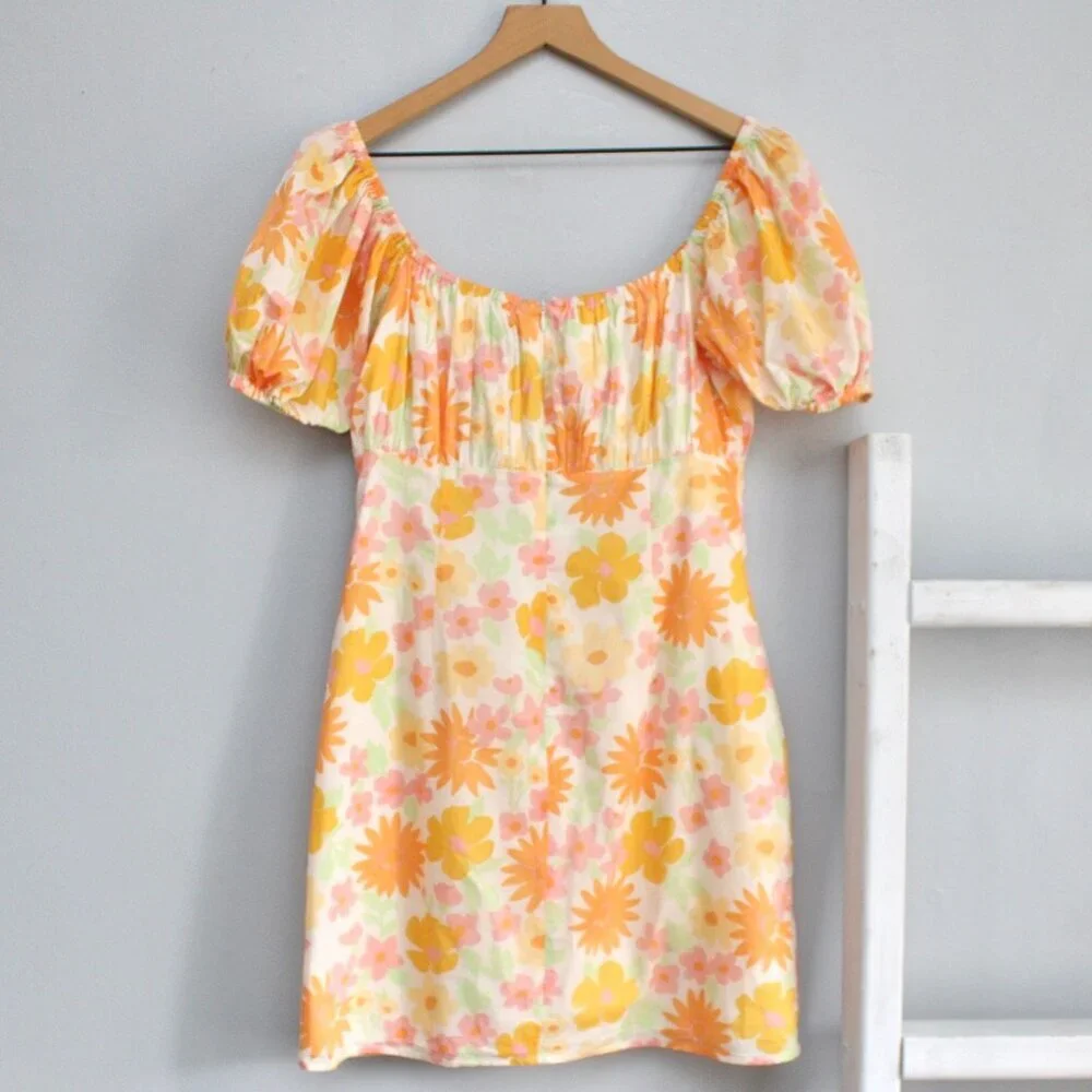 SABO Enga Dress Sunny Floral Orange Bust Cutout Puff Sleeve Mini Dess SZ Medium - Picture 4 of 8